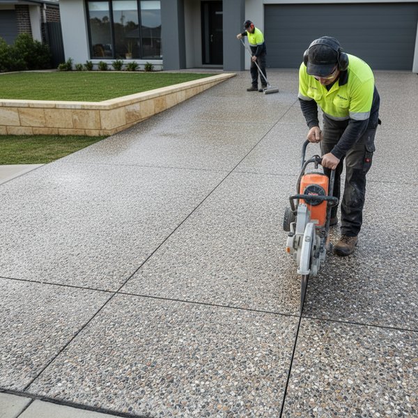 Exposed Aggregate - Step 4: Cure, saw-cuts, and sealing exposed aggregate concrete Adelaide in Adelaide